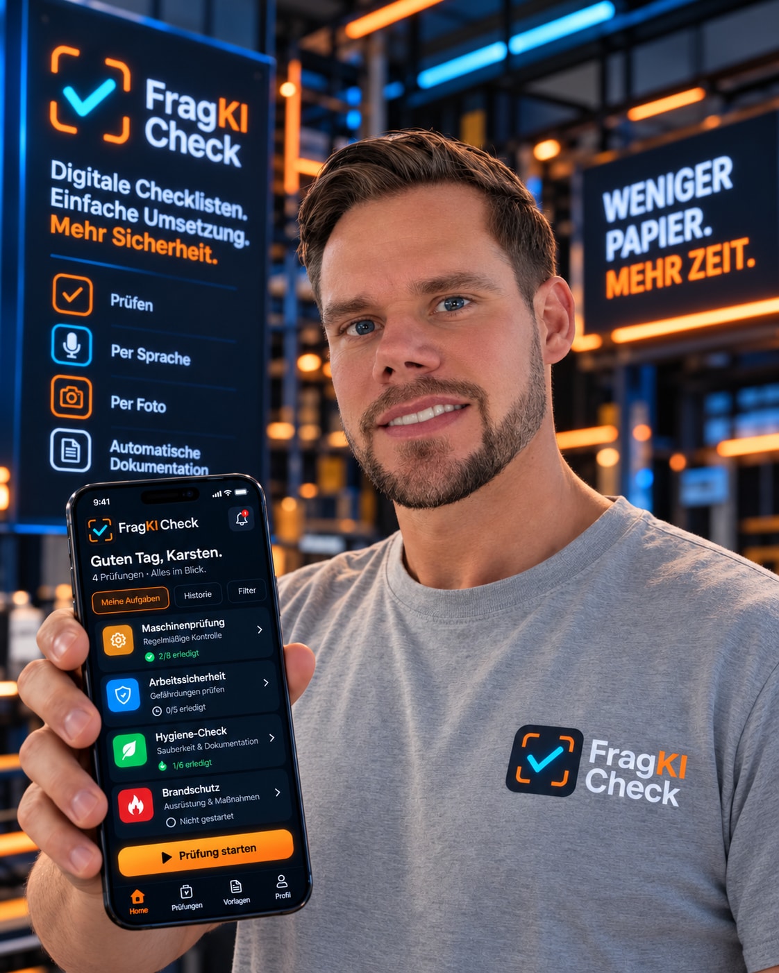 Karsten Wagner aus Münster mit Smartphone und Frag KI Check