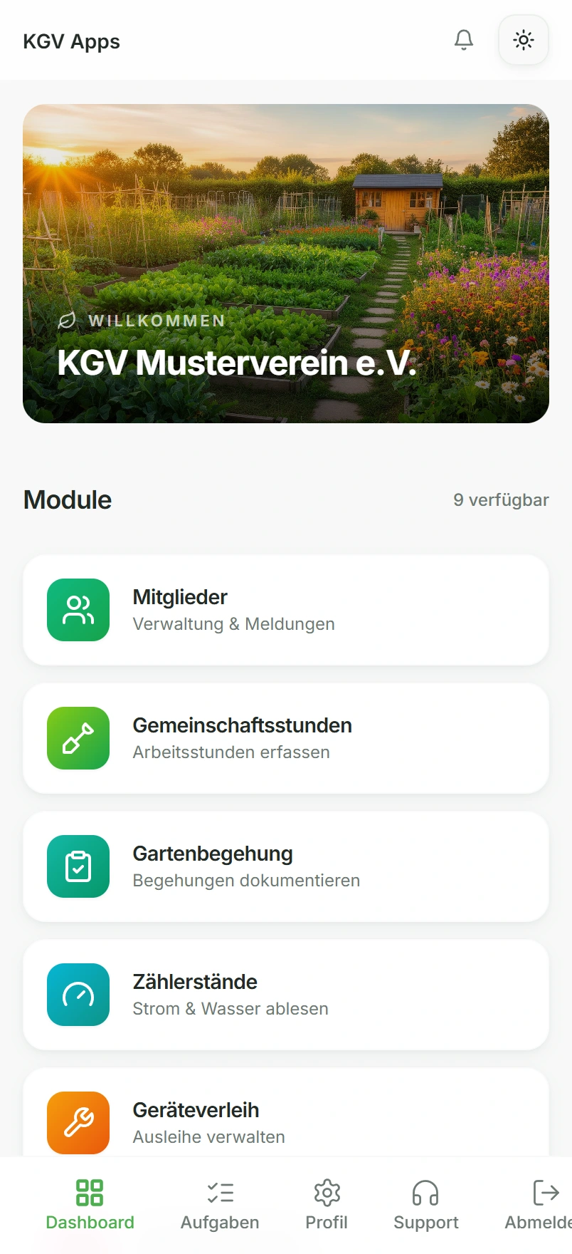 KGV Apps: Startseite mit den Verwaltungsbereichen